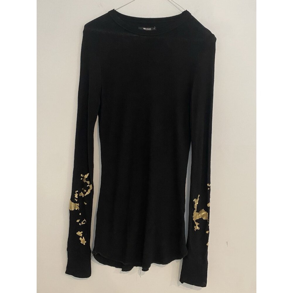Michael Lauren Top Womens Sz S Black Long Sleeve Ribbed Tee T Shirt Gold Accents